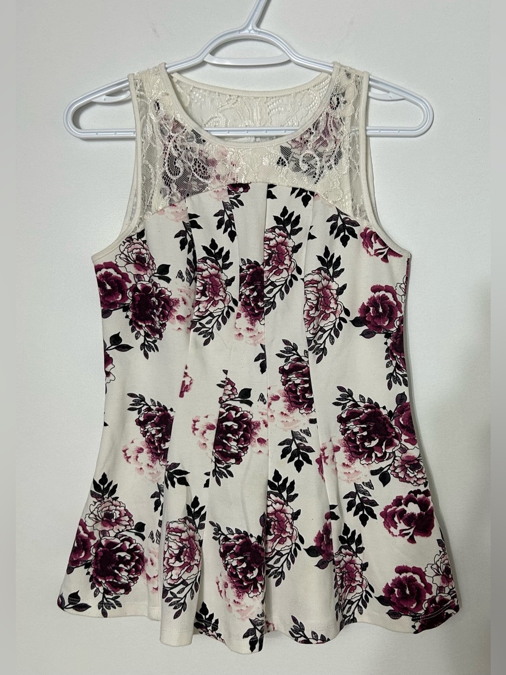Ricki's Cream Camisole with Burgundy Floral Print and Lace Yoke